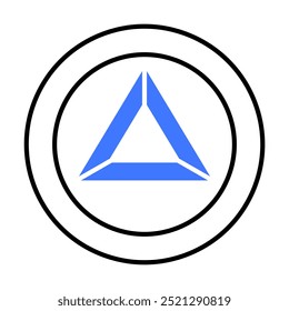 Triángulo azul dentro de dos círculos concéntricos. Ideal para logos, diseños geométricos, simplicidad, estética moderna y branding. Estilo minimalista.