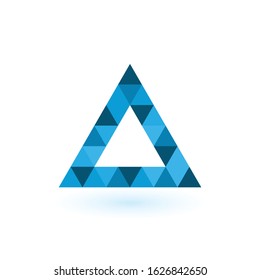 Blue triangle pixel logo design. Corporate tech geometric identity concept. Stock Vector illustration isolated on green background.