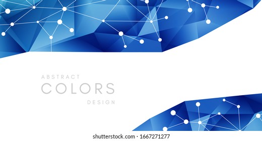 Blue triangle polygonal shape with nodes decoration. Colorful abstraction design elements. Vector horizontal borders with copy space.