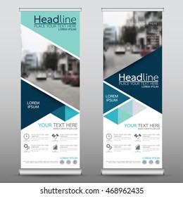 Blue triangle roll up business banner design vertical template vector, cover presentation abstract geometric background, modern publication display and flag-banner, layout in rectangle