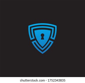 blue triangle shield with key hole vector icon logo design template for security application, software protection and privacy guard