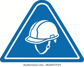 A blue triangle warning sign with a white outline depicting a hard hat, indicating a mandatory safety helmet zone.