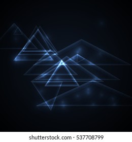 Blue triangles. Bright shiny triangles on a dark background. Abstract background