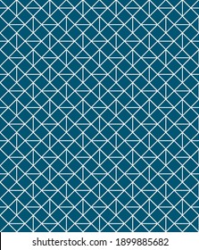 Blue triangles and circles tessellation on white background. Seamless surface pattern design. Crossed lines wallpaper. Grid motif. Digital paper for textile print. Vector art