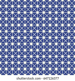 Blue triangles tessellation on white background. Seamless surface pattern design with polygonal ornament. Crossed lines wallpaper. Grid motif. Digital paper for textile print, page fill. Vector art