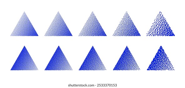 Triángulos azules con varias resoluciones de mapa de bits Dither Gradiente Vector conjunto aislado sobre fondo blanco. Formas de pirámide de estilo de gráficos de 8 bits con diferentes elementos de diseño de textura Colección