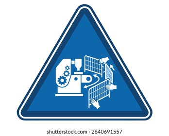 A blue triangular industrial safety sign depicting a machine with moving parts and hands near a fence, warning of potential crushing or entrapment hazards.