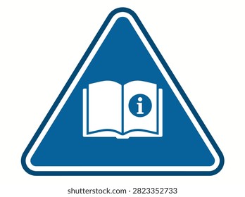 A blue triangular information sign with a white border, featuring an open book icon with an 'i' symbol, commonly used to indicate a manual or general instructions.