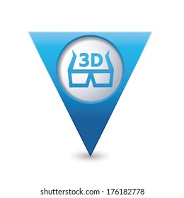 Blue triangular map pointer with 3D glasses icon. Vector illustration