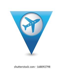 Blue triangular map pointer with airplane icon.