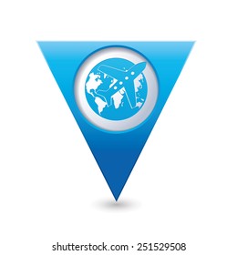 Blue triangular map pointer with airplane and earth globe icon. Vector illustration