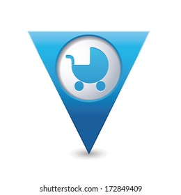 Blue triangular map pointer with baby carriage icon.  Vector illustration