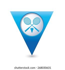 Blue triangular map pointer with badminton icon.