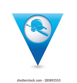 Blue triangular map pointer with baseball icon.