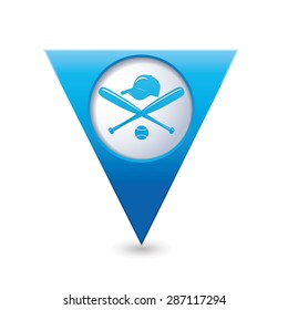 Blue triangular map pointer with baseball icon.