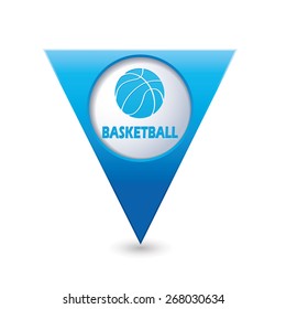 Blue triangular map pointer with basketball icon.