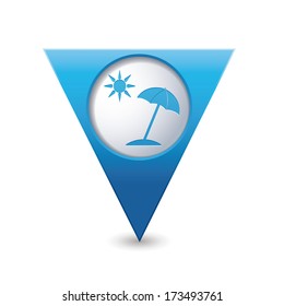 Blue triangular map pointer with beach icon, vector illustration.