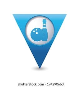 Blue triangular map pointer with bowling icon. Vector illustration