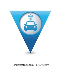 Blue triangular map pointer with car wash icon. Vector illustration