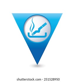 Blue triangular map pointer with cigarette icon. Smoking sign.