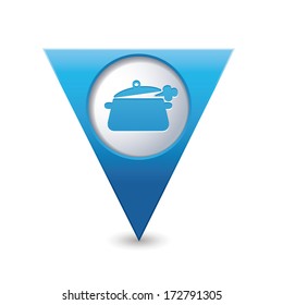 Blue triangular map pointer with dining room icon. Vector illustration