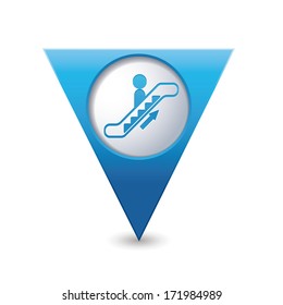 Blue triangular map pointer with escalator up icon. Vector illustration