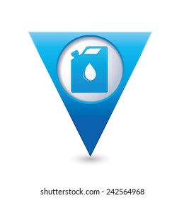Blue triangular map pointer with gas station icon. Vector illustration