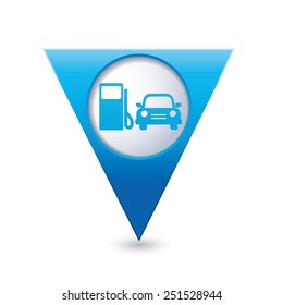 Blue triangular map pointer with gas station icon. Vector illustration