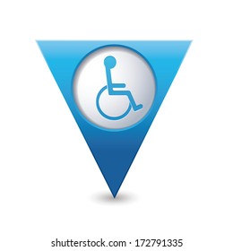 Blue triangular map pointer with handicap icon. Vector illustration