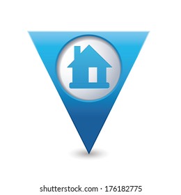 Blue triangular map pointer with home icon. Vector illustration