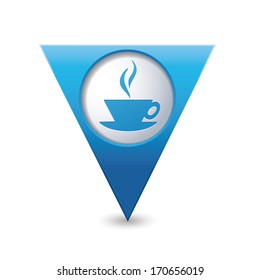 Blue triangular map pointer with hot coffee cup icon. Vector illustration