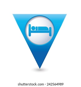 Blue triangular map pointer with hotel icon.
