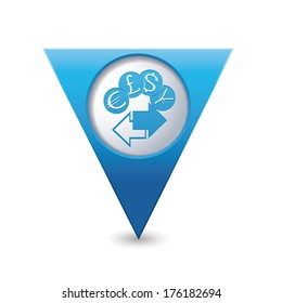 Blue triangular map pointer with money exchange icon. Vector illustration