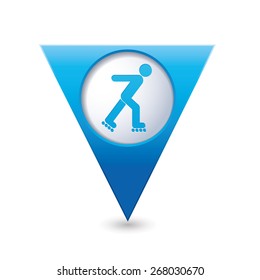 Blue triangular map pointer with roller skating icon.