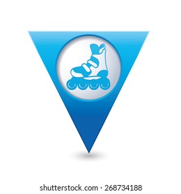 Blue triangular map pointer with roller skate boot icon.