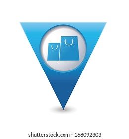 Blue triangular map pointer with shopping bags icon.