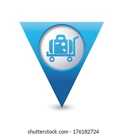 Blue triangular map pointer with suitcase on wheelbarrow icon. Vector illustration