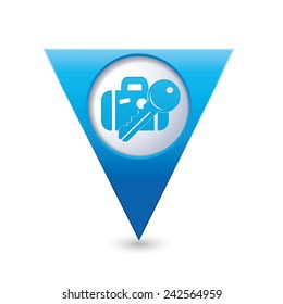 Blue triangular map pointer with suitcase and key icon