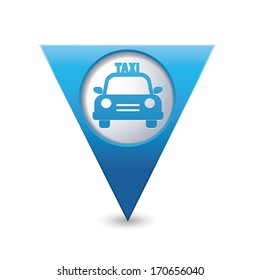 Blue triangular map pointer with taxi icon. Vector illustration