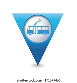 Blue triangular map pointer with trolleybus icon. Vector illustration