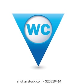 Blue triangular map pointer with WC sign. Vector illustration