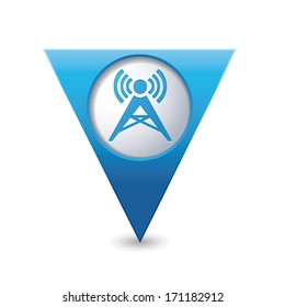 Blue triangular map pointer with wireless icon. Vector illustration