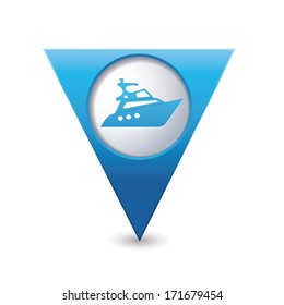 Blue triangular map pointer with yacht icon.