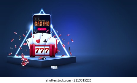 Blue triangular podiums with smartphone, red slot machine, poker chips, playing cards in scene with blue neon triangle border on background