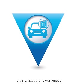 Blue triangular pointer with gas station icon. Vector illustration