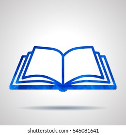 blue triangular polygonal open book vector icon on a grey background