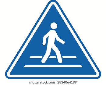 A blue triangular road sign featuring a white silhouette of a person walking on a crosswalk, indicating a pedestrian crossing area.