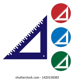Blue Triangular ruler icon isolated on white background. Straightedge symbol. Geometric symbol. Set color icon in circle buttons. Vector Illustration
