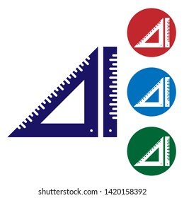 Blue Triangular ruler icon isolated on white background. Straightedge symbol. Geometric symbol. Set color icon in circle buttons. Vector Illustration