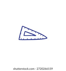 Uma régua triangular azul com marcas de medida é mostrada sobre um fundo branco.